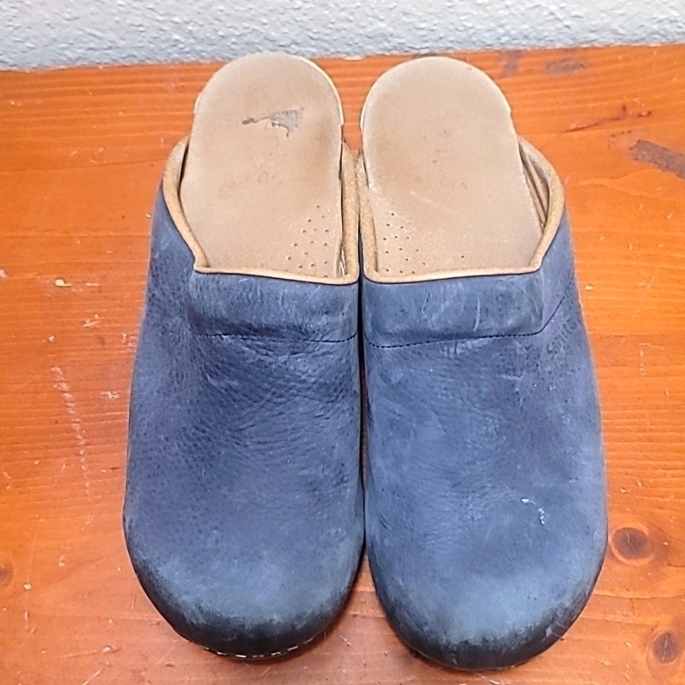 Sanita Clogs Women 41 Navy Blue Leather Wood‎ Platform Mule Slip On Danish Shoes
